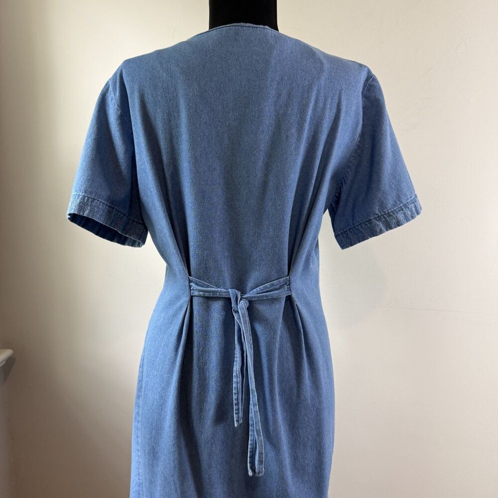 Vintage 90s Chambray Pintuck Pleated Dress | Prairie Cottage Denim Midi - Picture 3 of 16